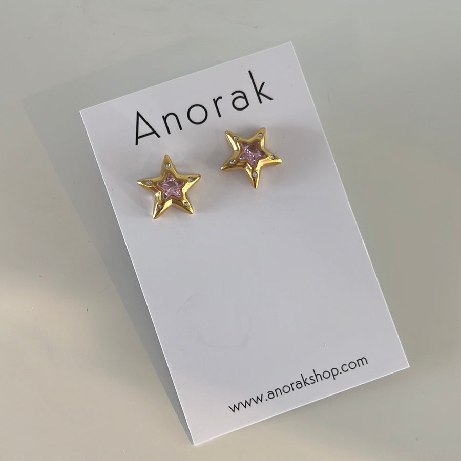 Anorak Gold Plated Star Large Studs Pink Diamanté
