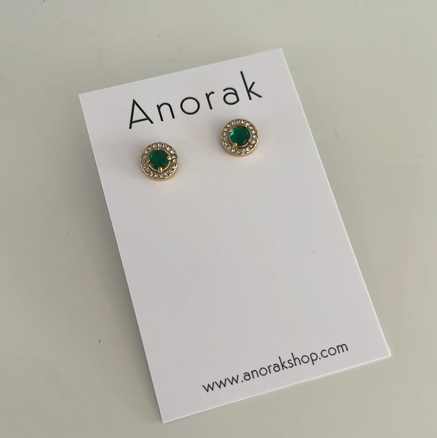 Anorak Gold Plated Sterling Silver Stud Earrings Diamanté Emerald Green