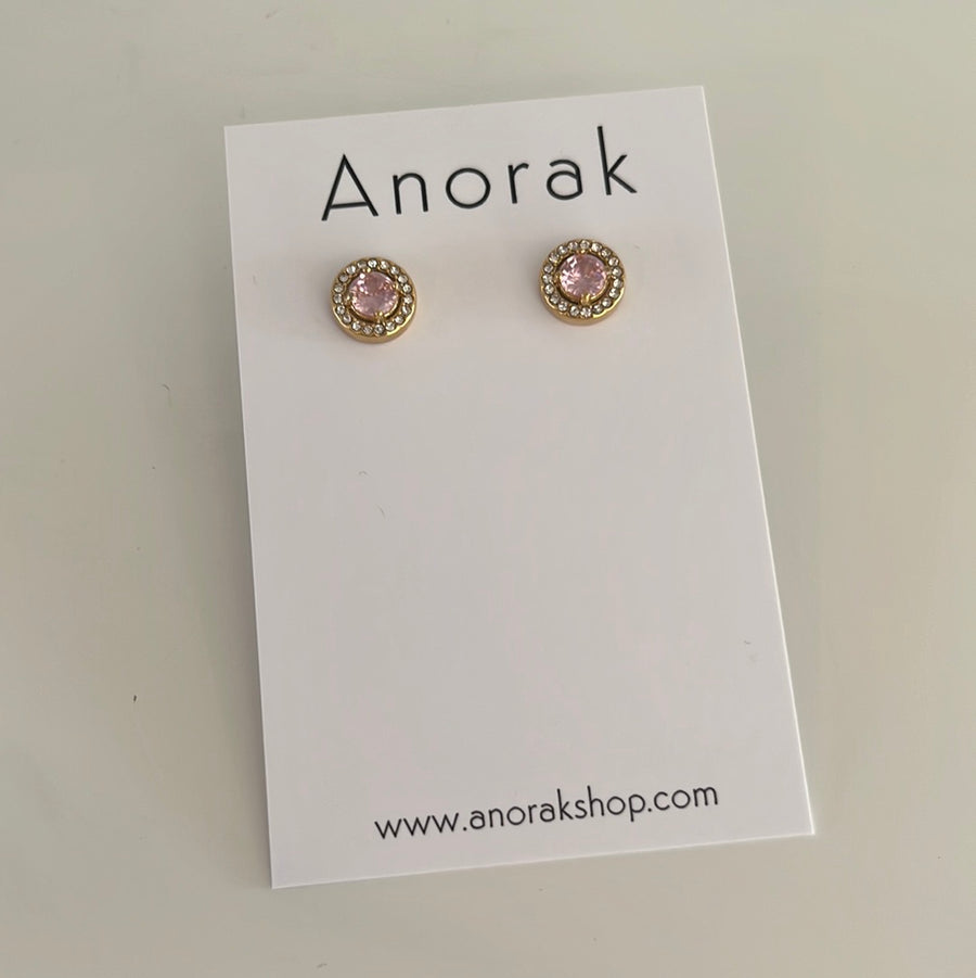 Anorak Gold Plated Sterling Silver Amethyst Pink Diamanté Stud Earrings
