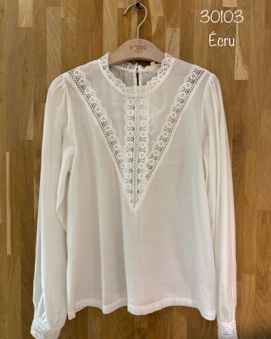 Ycoo Delicate White Cotton Blouse With Lace Detail