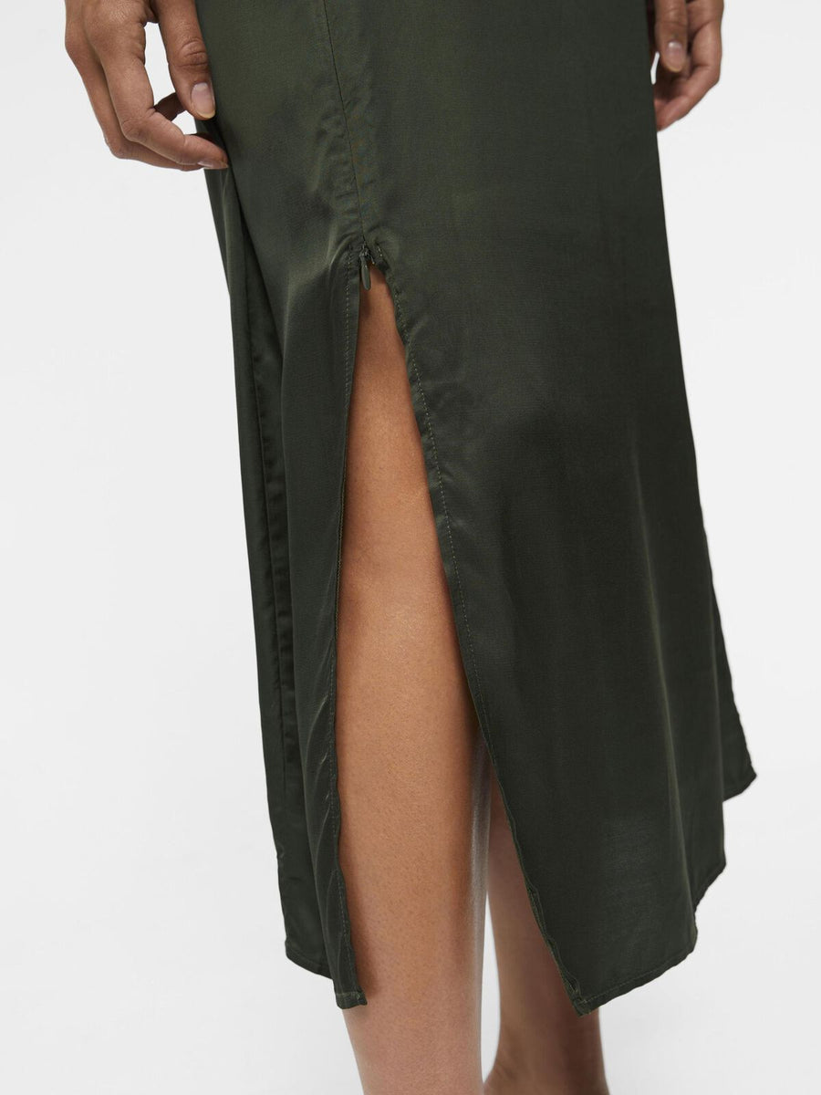 Object Boen Long Sleeve Midi Dress Dark Green Satin Zip Detail