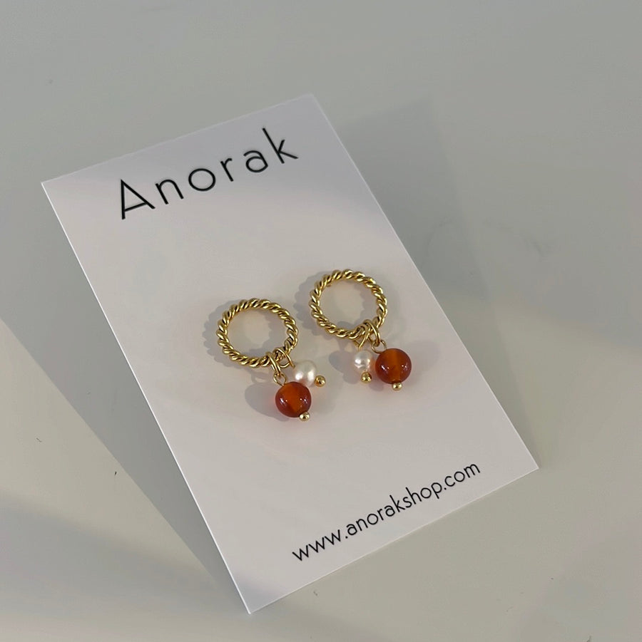 Anorak Gold Plated Twisted Hoop Earrings Red Pearl Beads