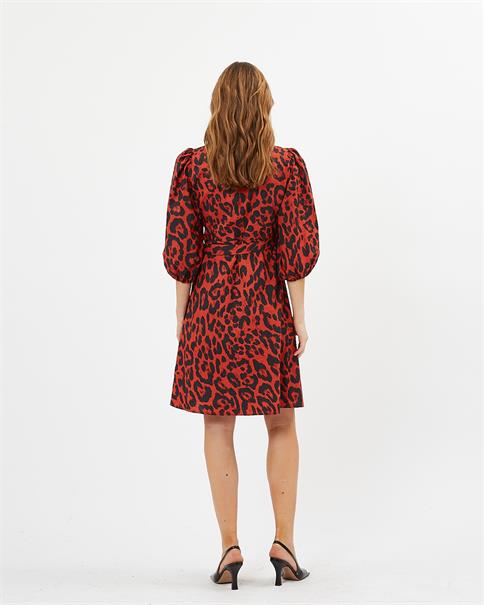 Minimum Lenelia Short Dress Puff Sleeves Red Animal Print