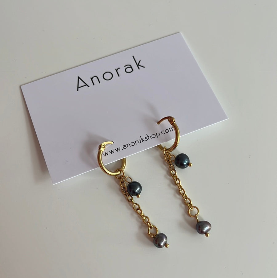Anorak Gold Plated Huggy Hoops Black Freshwater Pearl Drop Tassel Earrings